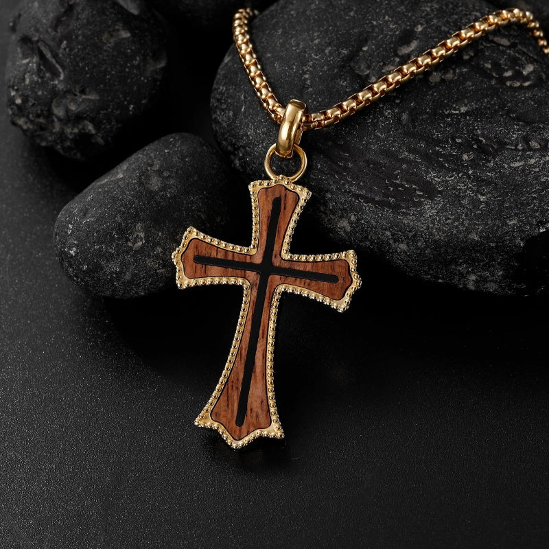 14K Gold Plated Wooden Abalone Shell Cross Pendant Necklacefor Men