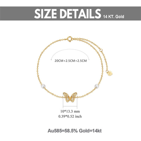 14k Solid Gold Butterfly Anklet For Women, Real Pearl Fine Jewelry Ankle Bracelet Gifts For Her