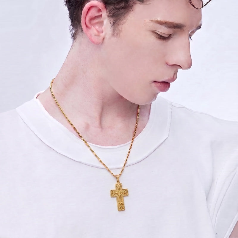 14k Gold Plated Cross Deer Antler Celtic Knot Sword Twisted Rope Cross Pendant Necklace for Men