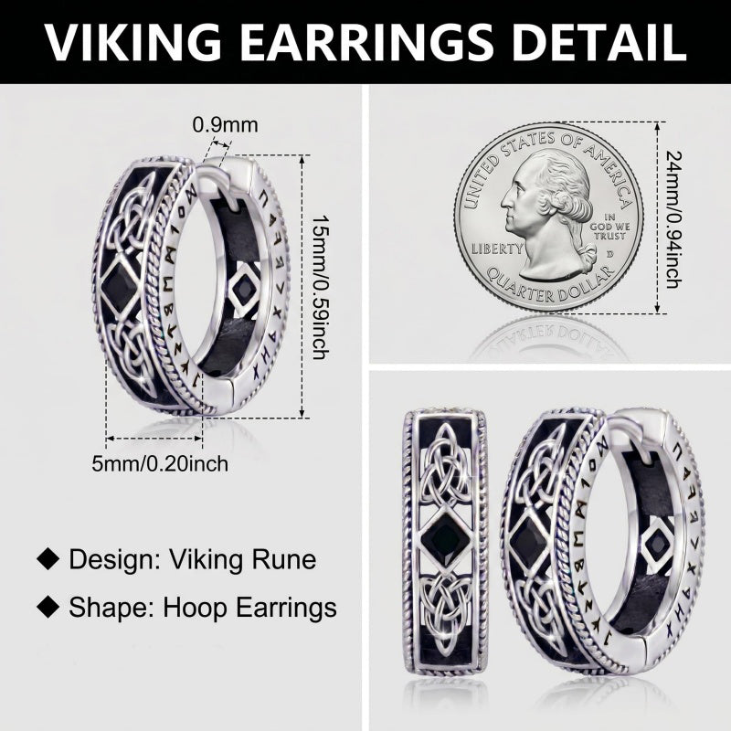 14K Gold Plated  Cubic Zircon Norse Viking Runes Hoop Earrings Viking Jewelry Gift for Men