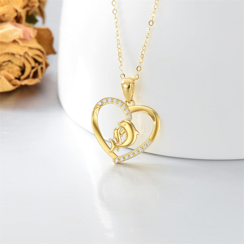 Dolphin Necklaces for women Mother Daughter Necklace 14k Solid Gold Dolphin necklace Mom Necklace Love Heart Pendant Necklace