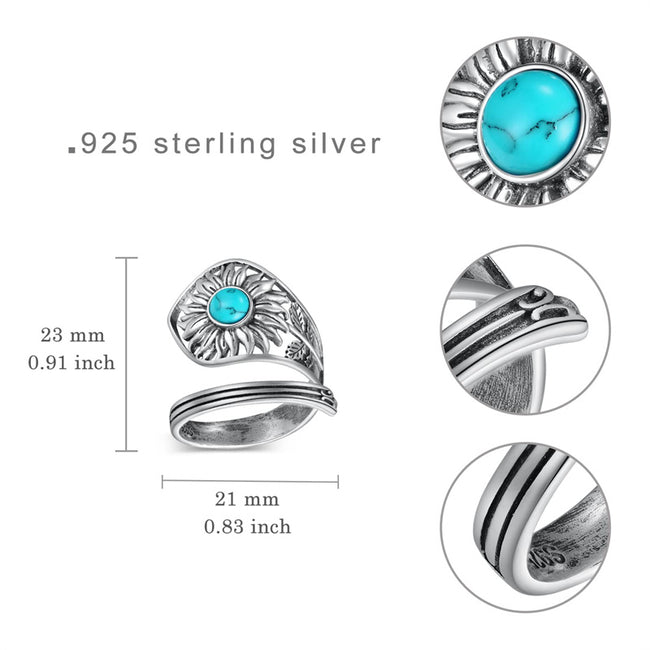 Sunflower Spoon Ring 925 Sterling Silver Adjustable Thumb Ring Vintage Turquoise Spoon Rings for Women Sunflower Spoon Ring Jewelry Gifts