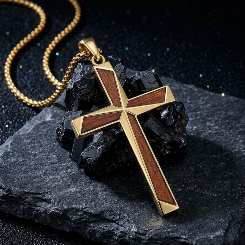 14K Gold Plated Wooden Cross Pendant Necklace Christian Catholic Jewelry Religious Gift