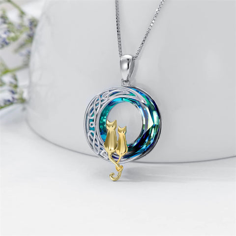 Cat Necklace Sterling Silver Cat on the Moon Pendant Necklace with Blue Circle Crystal Birthday Celtic Jewelry