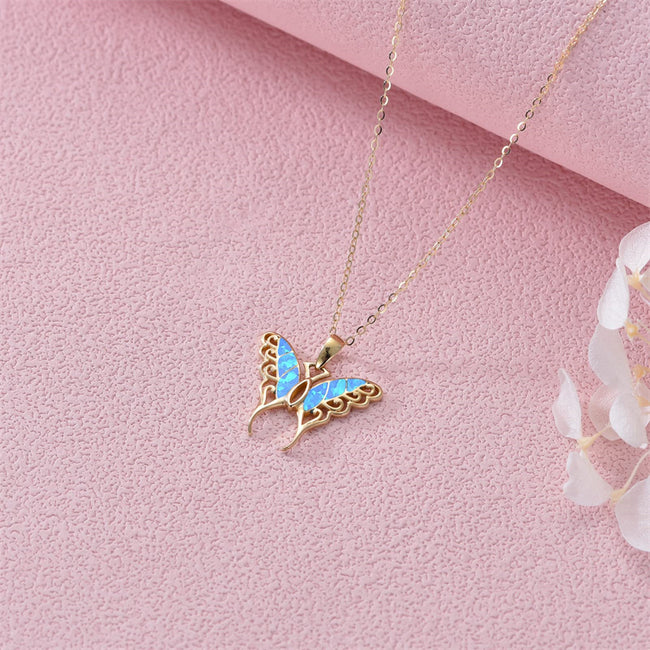 14K Real Gold Butterfly Necklace with Blue Opal Yellow Gold Butterfly Pendant Necklace Jewelry Gifts for Women