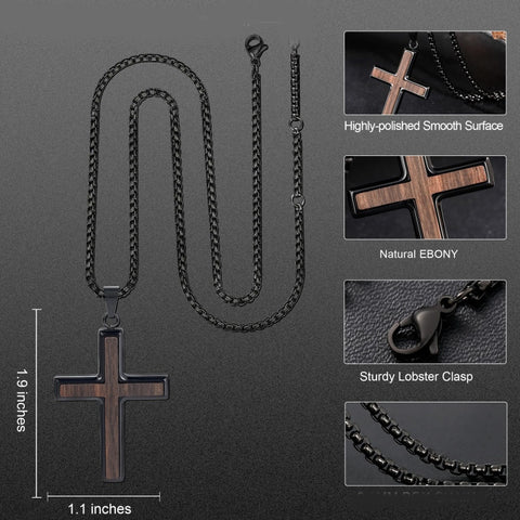 14K Gold Plated Wooden Cross Necklace for Men with Stainless Steel Adjustable Chain
