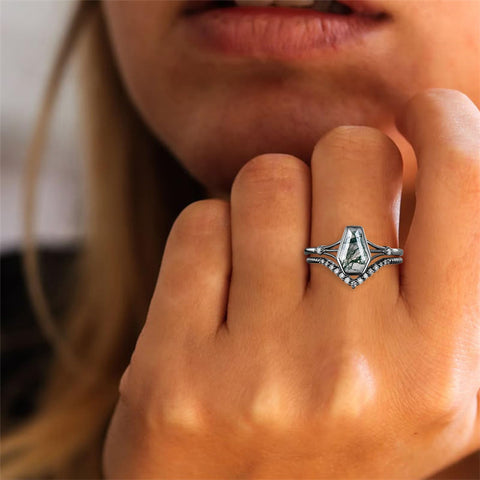 Sterling Silver 10K 14K 18K Gold 2CT Moss Agate Vine Leaf Women's Bridal Ring Sets for Wedding Engagement