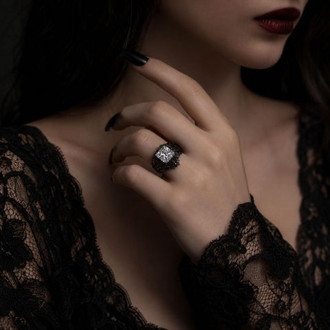 Sterling Silver 10K 14K 18K Gold Moissanite Gothic Black  Engagement Wedding Ring  for Women Halloween Gift