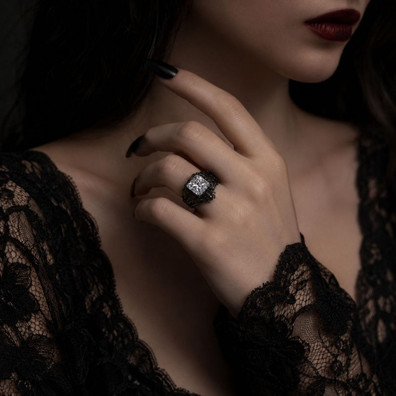 Sterling Silver 10K 14K 18K Gold Moissanite Gothic Black  Engagement Wedding Ring  for Women Halloween Gift