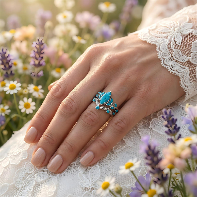 Sterling Silver Personalized Engraved 1-3CT Turquoise Engagement  Wedding Promise Ring Set for Her