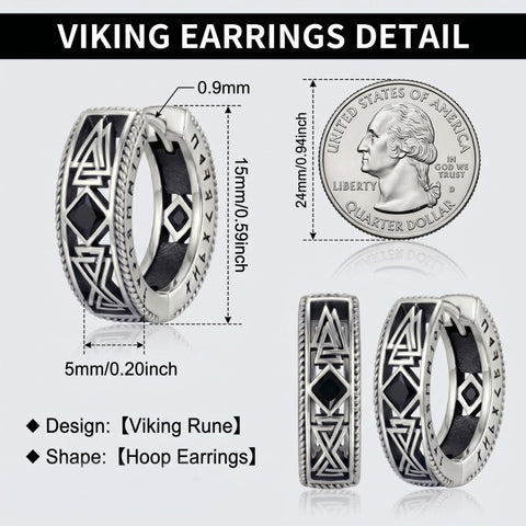 14K Gold Plated  Cubic Zircon Norse Viking Runes Hoop Earrings Viking Jewelry Gift for Men
