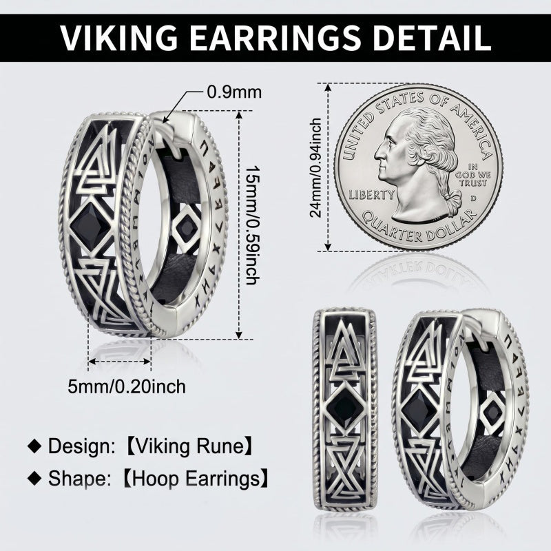 14K Gold Plated  Cubic Zircon Norse Viking Runes Hoop Earrings Viking Jewelry Gift for Men