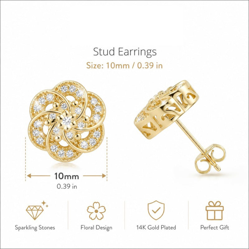 14K Gold Plated Cubic Zirconia Trendy Flower-Shaped Stud Earrings for Women
