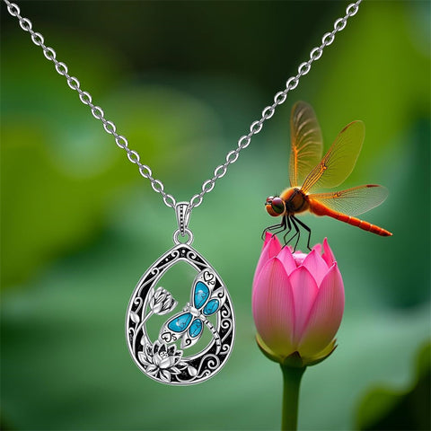 Sterling Silver Turquoise Filigree Lotus Flower Dragonfly Pendant Necklace
