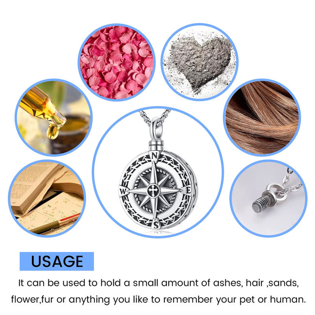 Compass Urn for Ashes Cremation Jewelry 925 Sterling Silver Memorial Necklace Urn for Human Ashe of Loved Ones