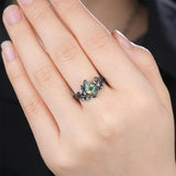 Sterling Silver 2CT Moss Agate  Engagement Wedding Ring Sets for Women