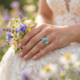 Sterling Silver Personalized Engraved 1-3CT Turquoise Engagement  Wedding Promise Ring Set for Her
