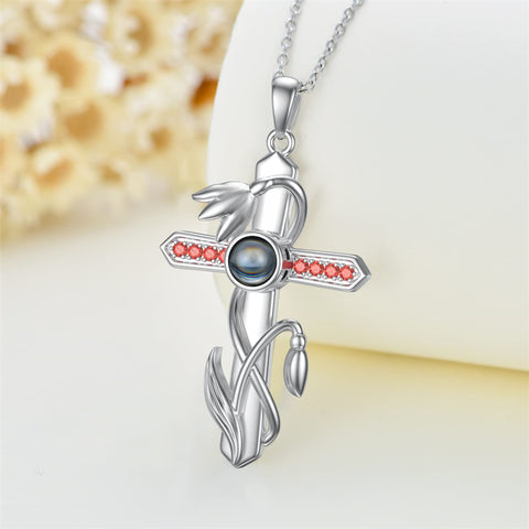 Sterling Silver Cross 100 Languages 12 Month Birthstone Birth Month Flower Pendant Necklace
