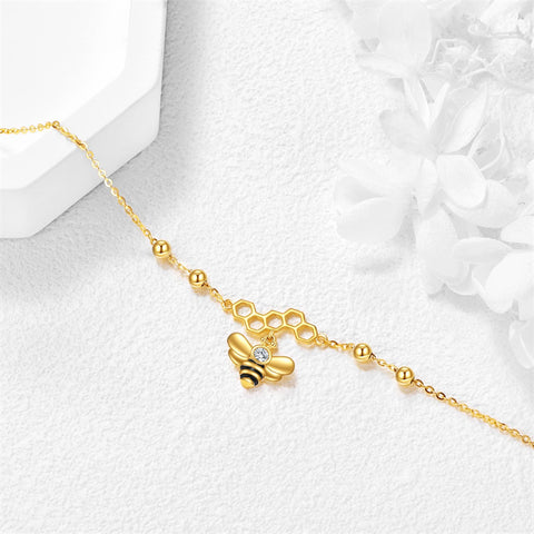 9K Gold Ankle Bracelets Yellow Gold Honeycomb Bee Anklets Gine Gold Honey Bee Adjustable Anklets Jewelry Gifts for Women Girls
