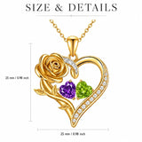 14K Gold Plated Double Heart Birthstone Rose Pendant Necklace for Women