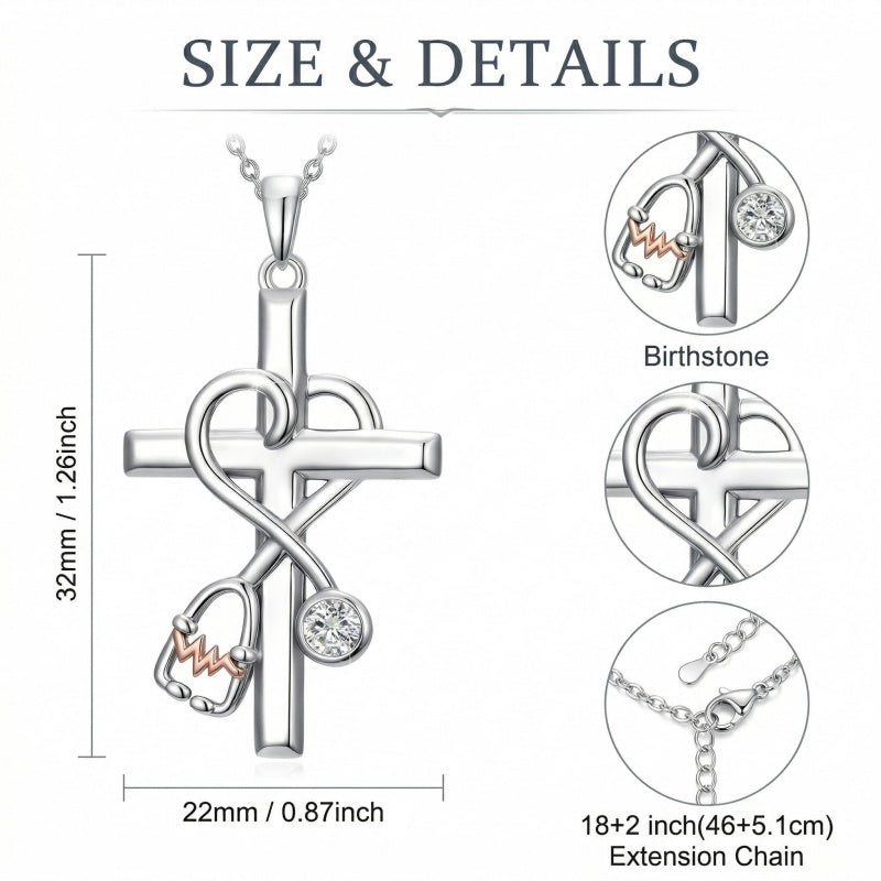 14K Gold Plated  Birthstone Stethoscope Cross Necklace Graduation Gifts for Women RN