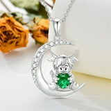 Sterling Silver Round Heart Birthstone Highland Cow Pendant Necklace Fluffy Cow Jewelry Gifts Birthday Christmas