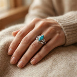 Sterling Silver Personalized Engraved 1-3CT Turquoise Engagement  Wedding Promise Ring Set for Her