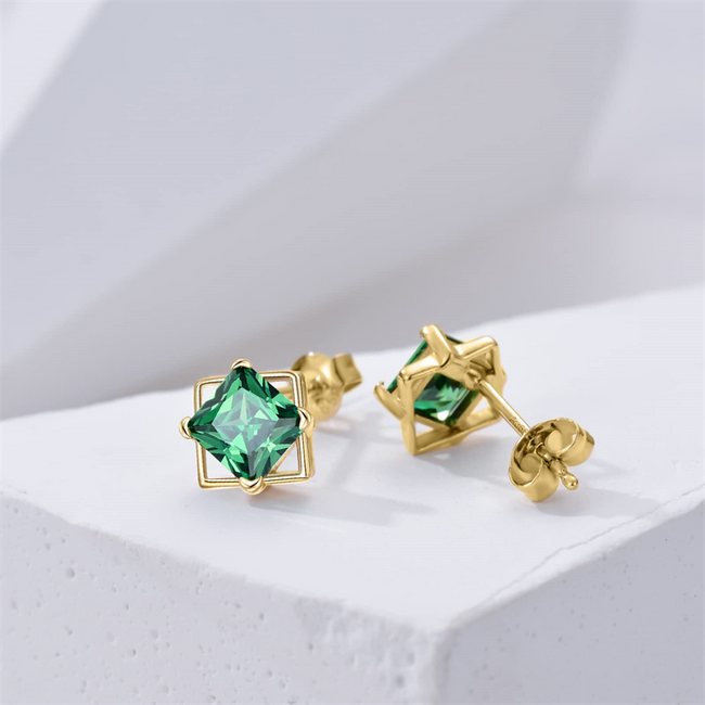 14K Solid Gold Princess Cut Emerald Stud Earrings,Yellow Real Gold Created Emerald Earrings with Push Backs,  Earrings Jewelry for Her Women Mom
