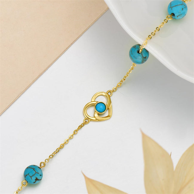 14K Real Gold Celtic Love Knot Bracelet for Women,Yellow Gold Created Turquoise Heart Dangle Bracelet Jewelry Anniversary Birthday Gifts for Her