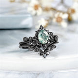 Sterling Silver 10K 14K 18K Gold Vintage Nature Moss Agate Engagement Ring Sets for Women
