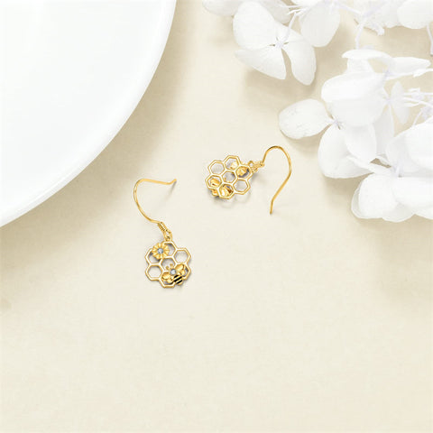 14k Yellow Gold Bee Earrings Honeycomb Bee Dangle Earrings Sunflower Flower Leverback Earrings Jewelry Gifts for Women Her Girls Wife