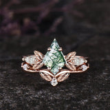 Sterling Silver 2CT Moss Agate  Engagement Wedding Ring Sets for Women