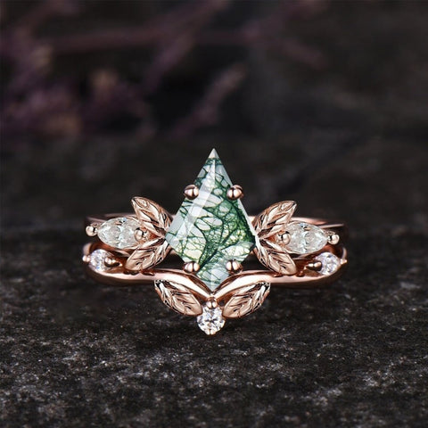 Sterling Silver 2CT Moss Agate  Engagement Wedding Ring Sets for Women