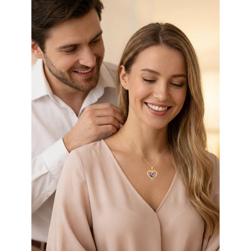 14K Gold Plated  12 Months Heart Birthstone Pendant Necklace Birthday Wedding Anniversary Jewelry Gifts for Women