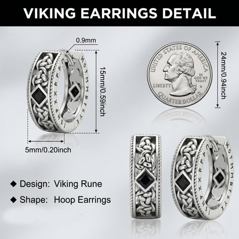 14K Gold Plated  Cubic Zircon Norse Viking Runes Hoop Earrings Viking Jewelry Gift for Men