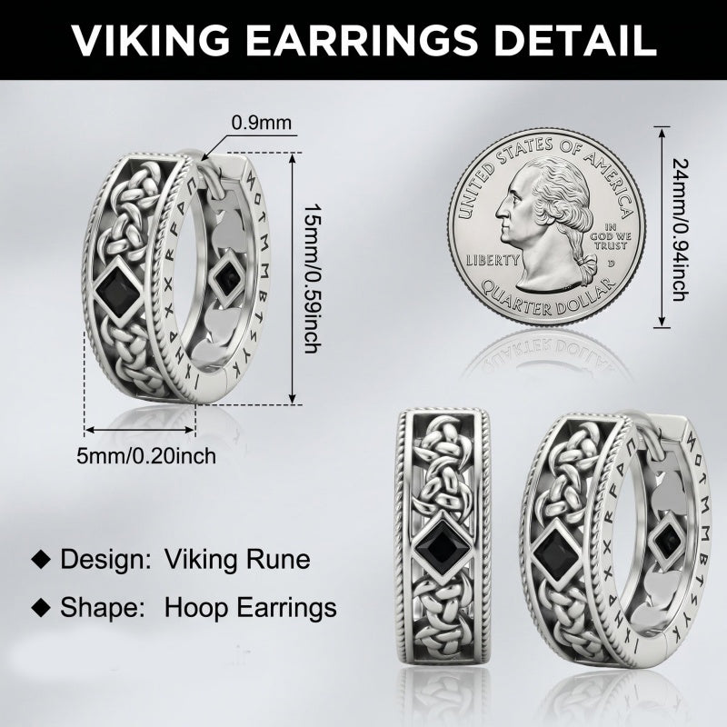 14K Gold Plated  Cubic Zircon Norse Viking Runes Hoop Earrings Viking Jewelry Gift for Men