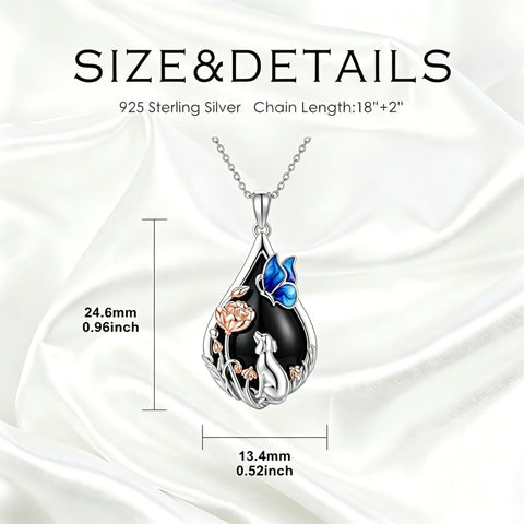 Sterling Silver Obsidian Bunny Cat Elephant Dog Fox Teardrop Pendant Necklace