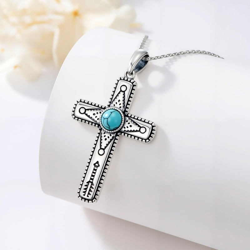 14K Gold Plated Turquoise Cross Pendant Necklace Western Jewelry for Women