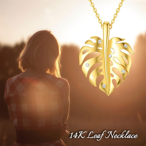 14k Heart Pendant Necklace for Women Real Gold Monstera Pendant Gift for Mother Day Valentine Christmas