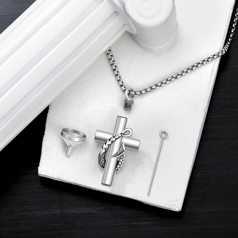 christian cross like fish hook Sterling Silver Personalized Engraved Fish Hook & Cross Urn Necklace f– romanticwork