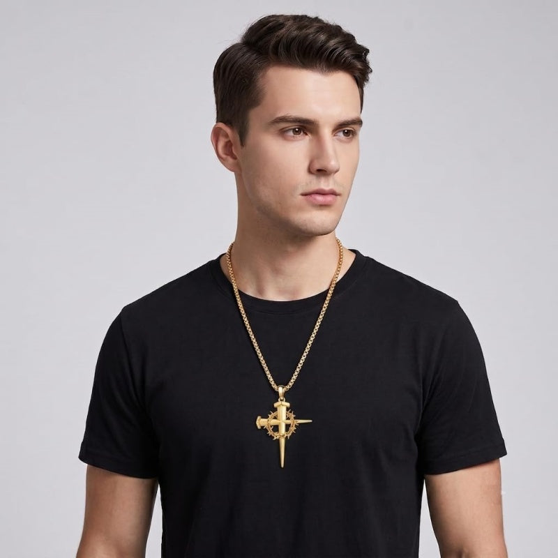 14K Gold Plated Cross Pendant Necklace for Men Religious Jewelry Christian Gift