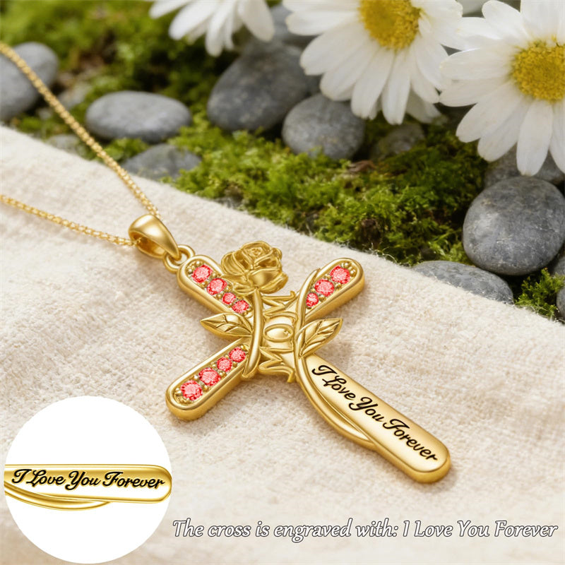 10K 14K 18K Yellow Gold 12 Month Birthstone Rose Flower Pendant Necklace Engraved with I Love You Forever