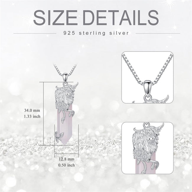 Highland Cow Necklace 925 Sterling Silver Quartz Healing Crystal Cow Necklace Highland Cow Jewelry Gifts for Women Girls