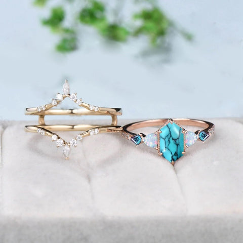 Sterling Silver 10K 14K 18K Gold Turquoise Engagement  Wedding Ring Set for Women