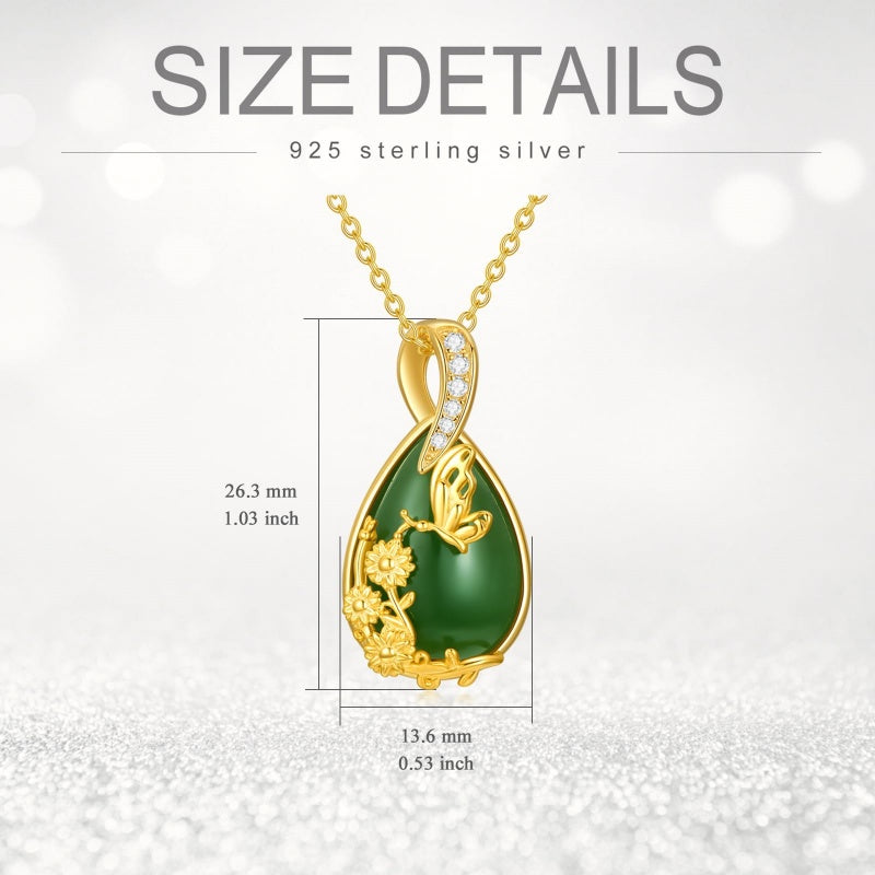 14K Gold Plated Natural Jade Hummingbird Cat Dragonfly Butterfly Bee Pendant Necklace for Women