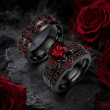 Sterling Silver 10K 14K 18K Gold Personalized Engraved  Halloween Dark Red Gemstone Couple Ring Set