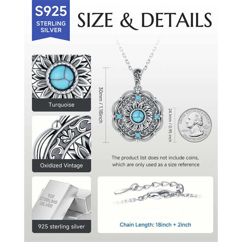 Sterling Silver Turquoise Cone Sunflower Tree of Life Pendant Necklace
