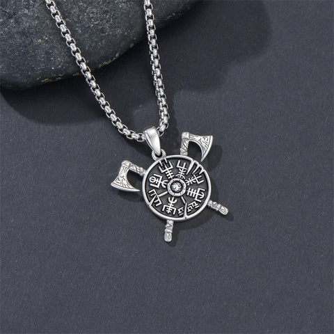 Sterling Silver Viking Compass Pendant Necklace for Men