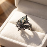 Sterling Silver 10K 14K  18K Gold Personalized Engraved Moss Agate Gothic Promise Wedding Engagement Black Ring Set