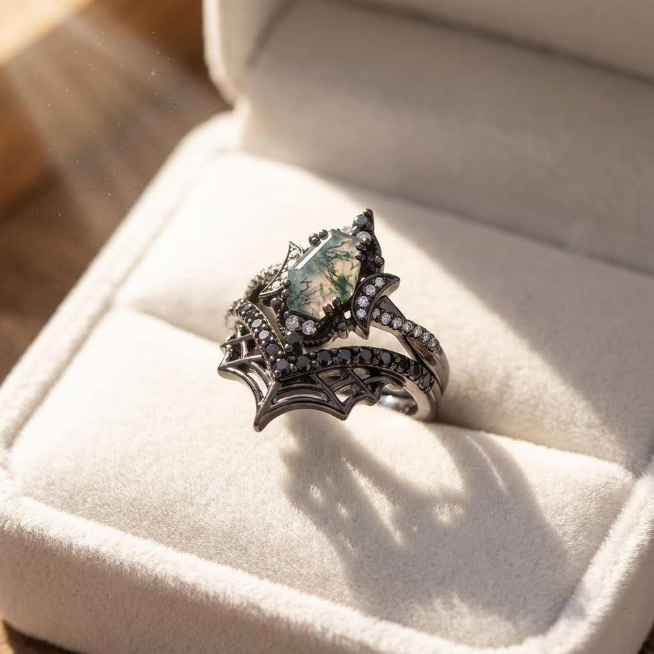 Sterling Silver 10K 14K  18K Gold Personalized Engraved Moss Agate Gothic Promise Wedding Engagement Black Ring Set